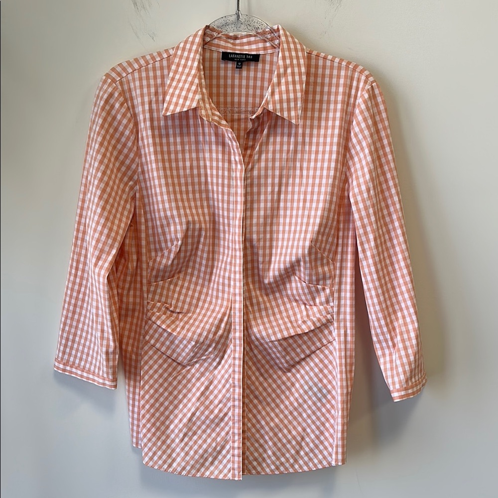 Lafayette 148 New York Sz 12 Orange and White Gingham Button-Up Shirt • NEW!